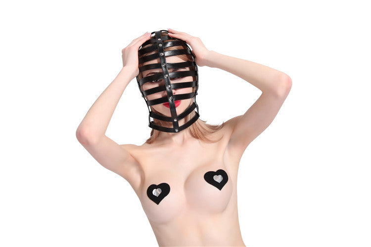 Fetish Full Head Leather belt Strap Hollow Hood Mask