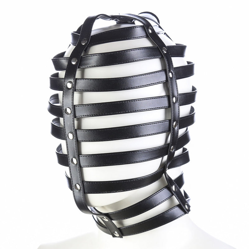 Fetish Full Head Leather belt Strap Hollow Hood Mask